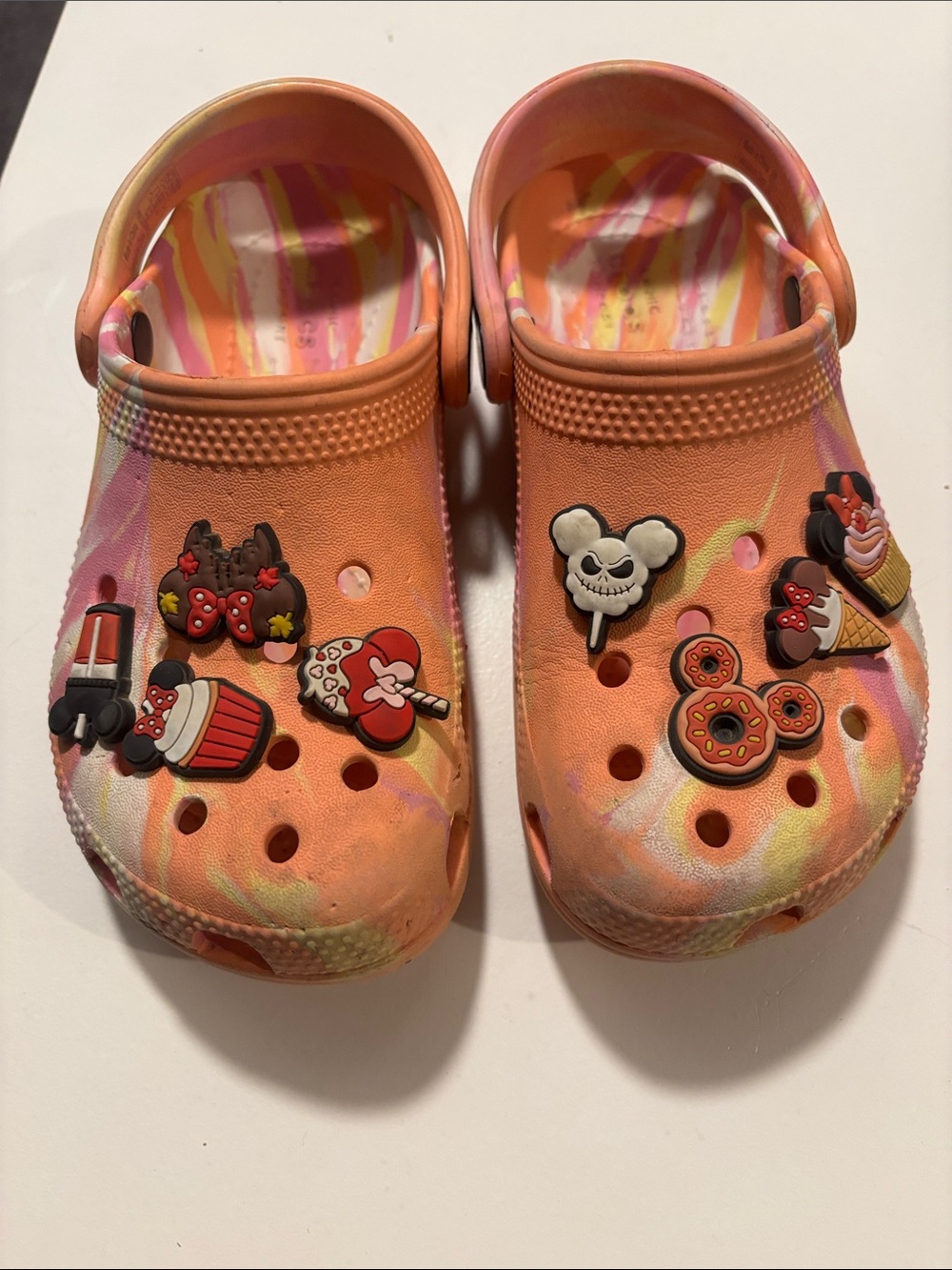 CROCS Kids Orange Tie-Dye Clogs with Character Charms